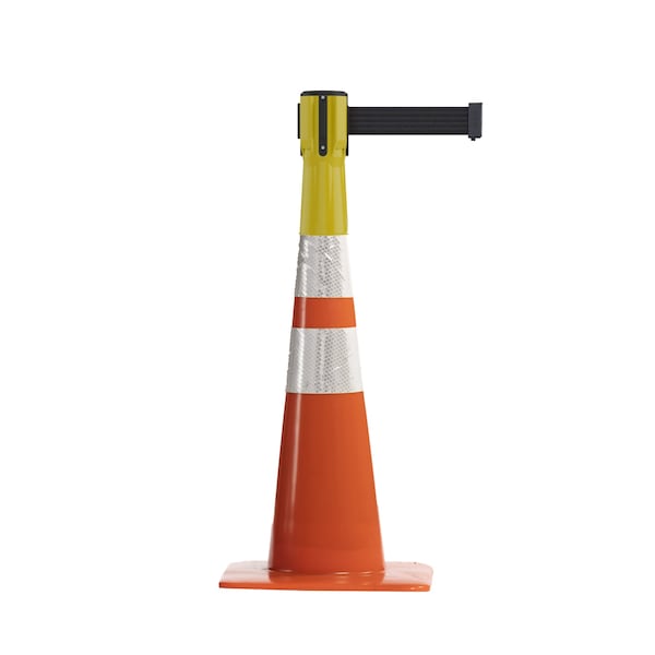 Retractable Belt Barrier Cone Mount Yellow Case 7.5ftDk Gry Belt